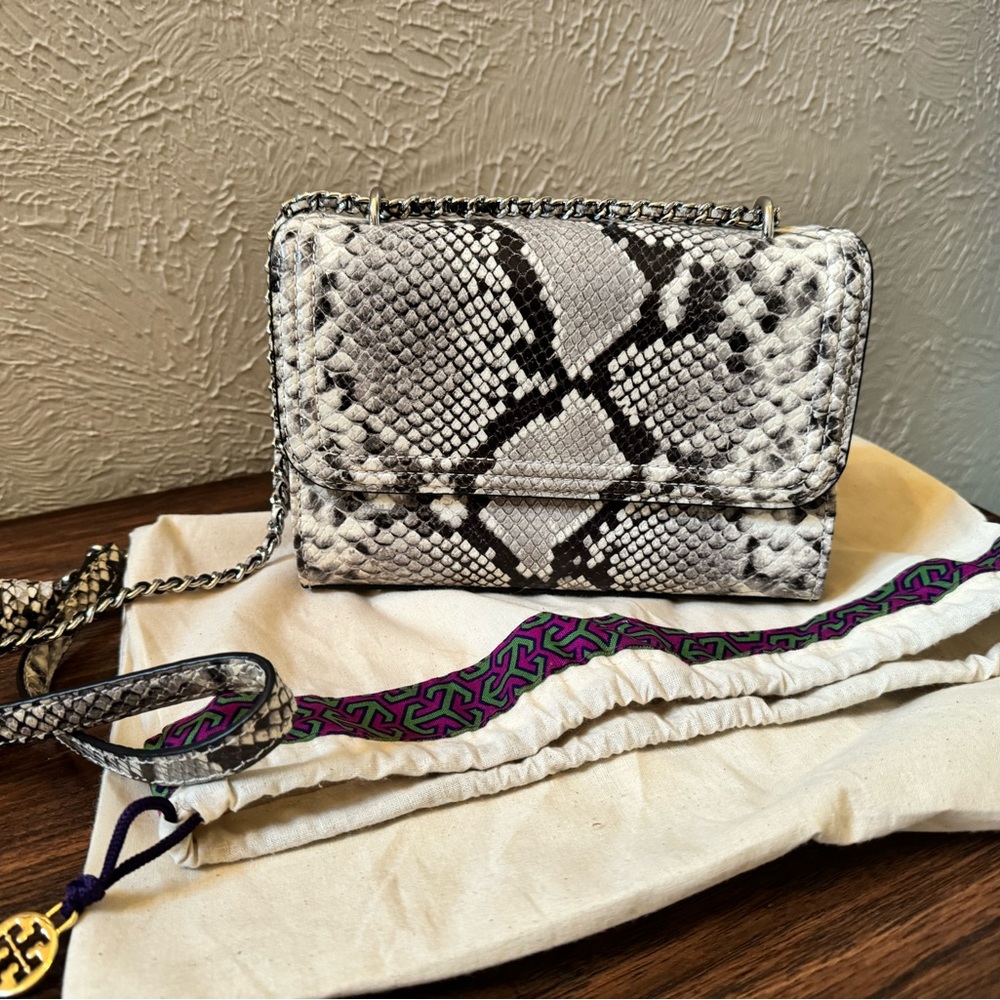 LIKE NEW Tory Burch Fleming Snakeskin Embossed Leather Convertible Shoulder Bag
